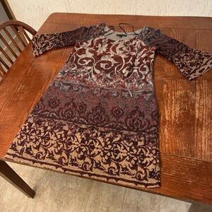 Chris McLaughlin Midi Dress Women’s 10 Patterned Print 3/4 Bell Sleeves Lined